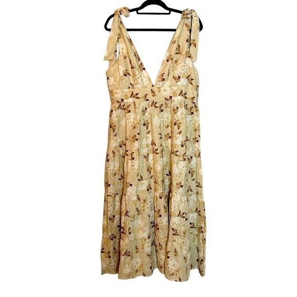 House of Harlow 1960 Cream and Brown Floral & Leaf Tiered Linen Blend Maxi Dress - Picture 1 of 16